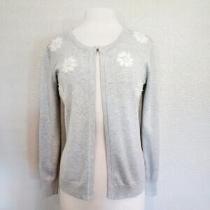 Anna Rose Gray Cardigan w/Embroidery & Pearl Accent Size S